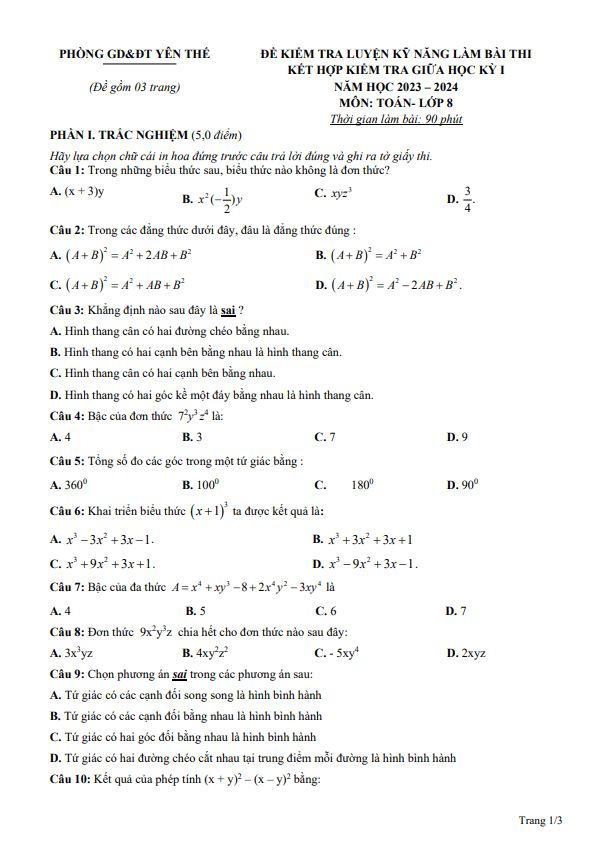 đề giữa học kỳ 1 toán 8 năm 2023 – 2024 phòng gd&đt yên thế – bắc giang