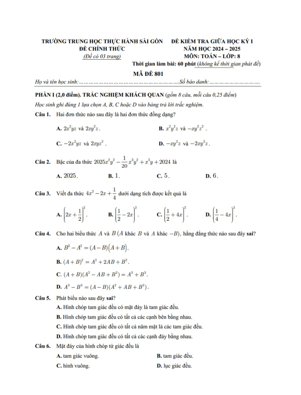 đề giữa học kỳ 1 toán 8 năm 2024 – 2025 trường thực hành sài gòn – tp hcm