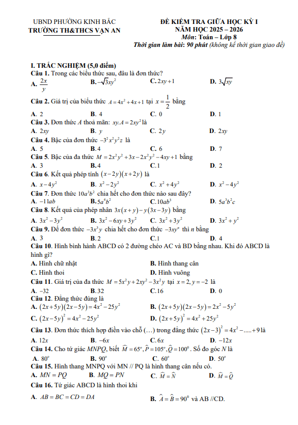 đề giữa học kỳ 1 toán 8 năm 2025 – 2026 trường th&thcs vạn an – bắc ninh