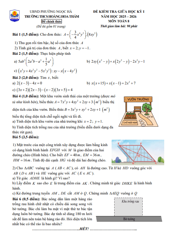 đề giữa học kỳ 1 toán 8 năm 2025 – 2026 trường thcs hoàng hoa thám – hà nội