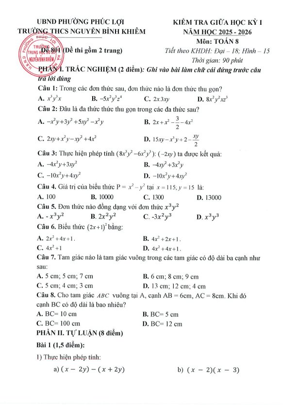 đề giữa học kỳ 1 toán 8 năm 2025 – 2026 trường thcs nguyễn bỉnh khiêm – hà nội