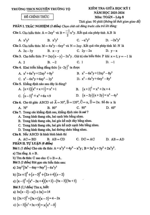 đề giữa học kỳ 1 toán 8 năm 2025 – 2026 trường thcs nguyễn trường tộ – hà nội