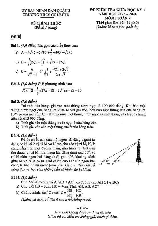 đề giữa học kỳ 1 toán 9 năm 2023 – 2024 trường thcs colette – tp hcm