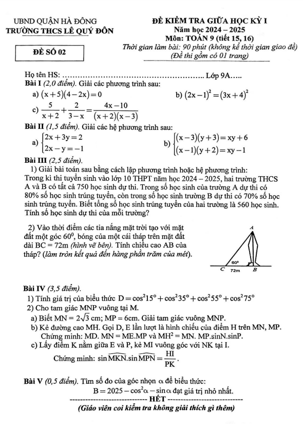 đề giữa học kỳ 1 toán 9 năm 2024 – 2025 trường thcs lê quý đôn – hà nội