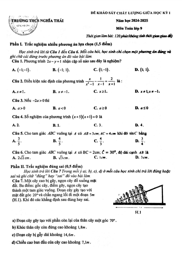 đề giữa học kỳ 1 toán 9 năm 2024 – 2025 trường thcs nghĩa thái – nam định