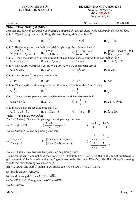 đề giữa học kỳ 1 toán 9 năm 2025 – 2026 trường thcs an lão – ninh bình