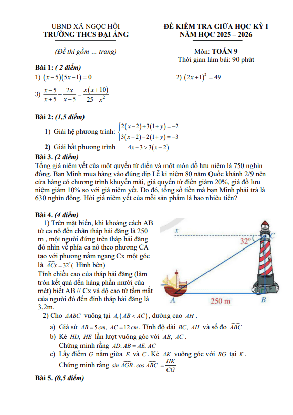 đề giữa học kỳ 1 toán 9 năm 2025 – 2026 trường thcs đại áng – hà nội