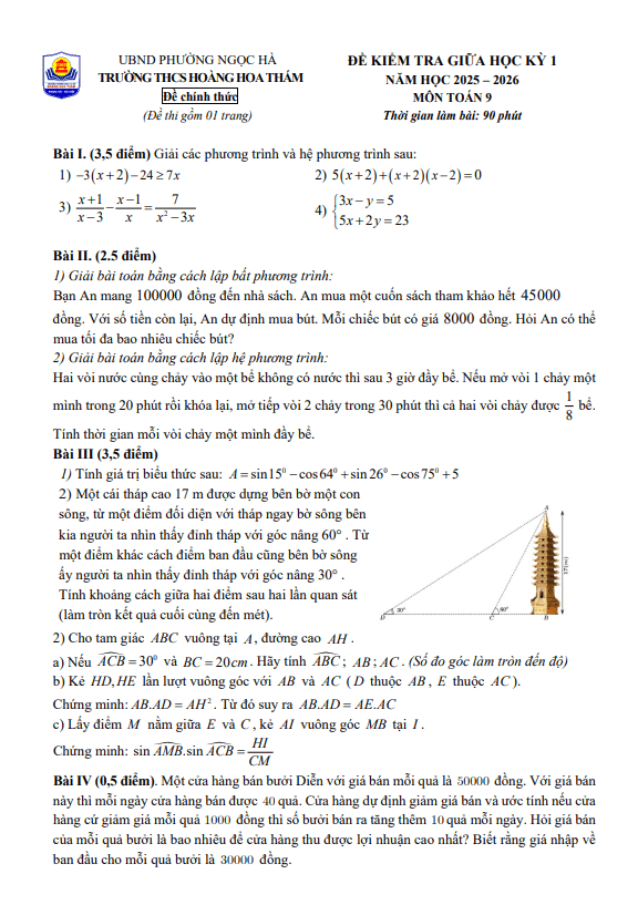 đề giữa học kỳ 1 toán 9 năm 2025 – 2026 trường thcs hoàng hoa thám – hà nội