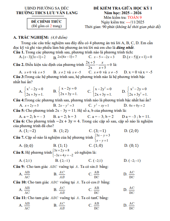 đề giữa học kỳ 1 toán 9 năm 2025 – 2026 trường thcs lưu văn lang – đồng tháp