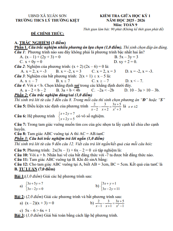 đề giữa học kỳ 1 toán 9 năm 2025 – 2026 trường thcs lý thường kiệt – tp hcm