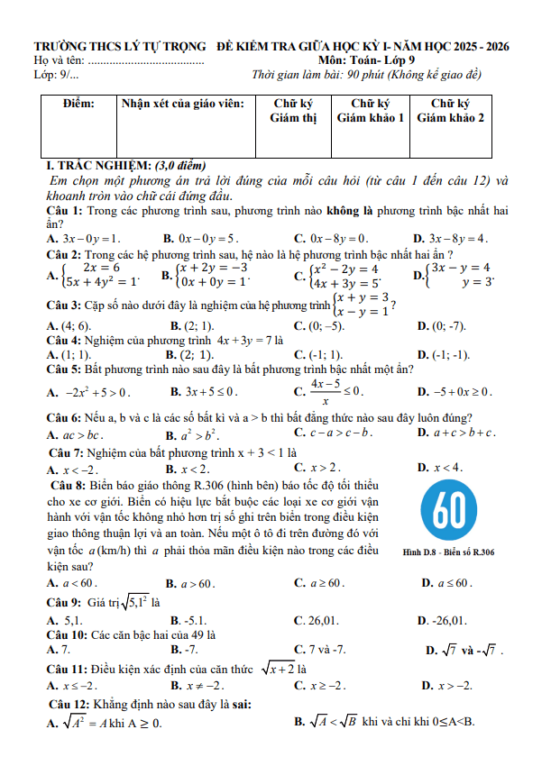 đề giữa học kỳ 1 toán 9 năm 2025 – 2026 trường thcs lý tự trọng – đà nẵng