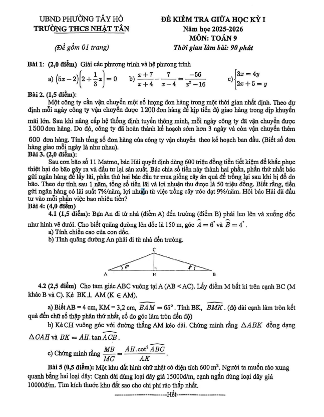 đề giữa học kỳ 1 toán 9 năm 2025 – 2026 trường thcs nhật tân – hà nội