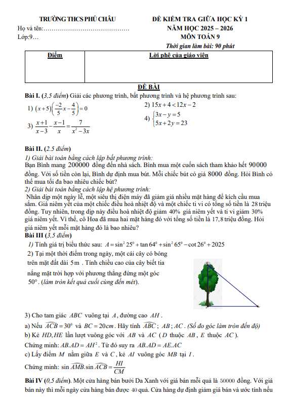 đề giữa học kỳ 1 toán 9 năm 2025 – 2026 trường thcs phú châu – hà nội