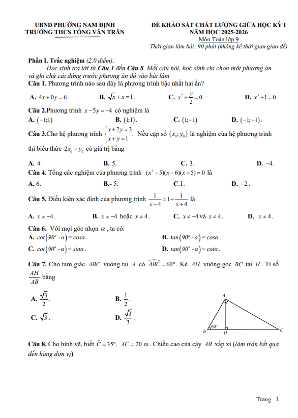 đề giữa học kỳ 1 toán 9 năm 2025 – 2026 trường thcs tống văn trân – ninh bình