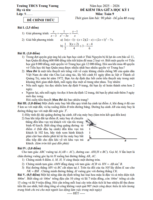 đề giữa học kỳ 1 toán 9 năm 2025 – 2026 trường thcs trưng vương – hà nội