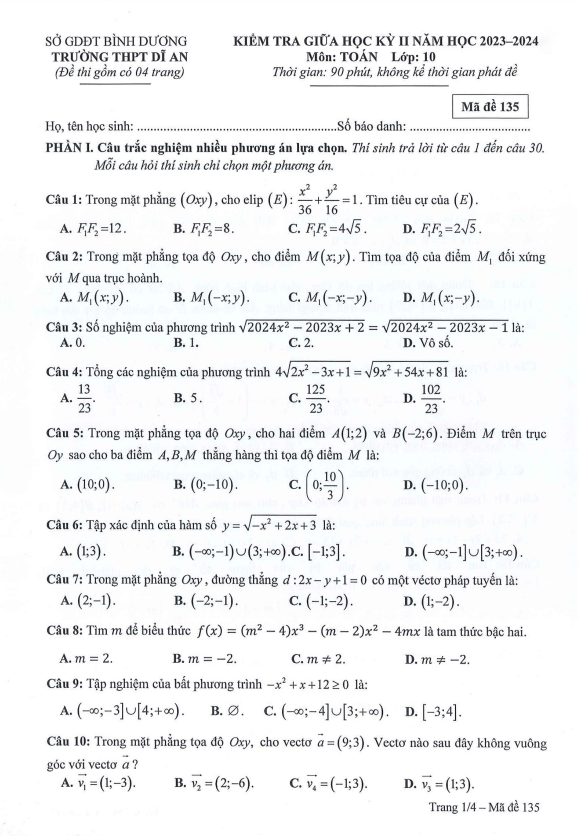 đề giữa học kỳ 2 toán 10 năm 2023 – 2024 trường thpt dĩ an – bình dương