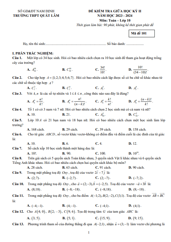 đề giữa học kỳ 2 toán 10 năm 2023 – 2024 trường thpt quất lâm – nam định
