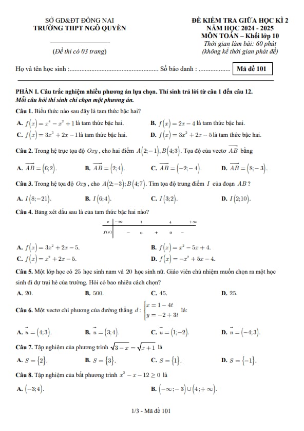 đề giữa học kỳ 2 toán 10 năm 2024 – 2025 trường thpt ngô quyền – đồng nai