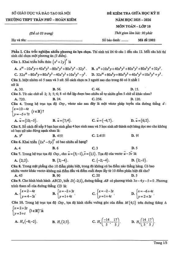 đề giữa học kỳ 2 toán 10 năm 2025 – 2026 trường thpt trần phú – hà nội