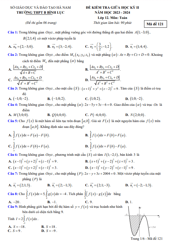 đề giữa học kỳ 2 toán 12 năm 2023 – 2024 trường thpt b bình lục – hà nam