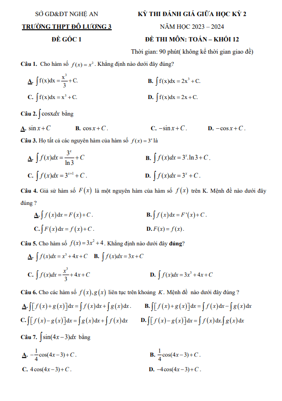 đề giữa học kỳ 2 toán 12 năm 2023 – 2024 trường thpt đô lương 3 – nghệ an