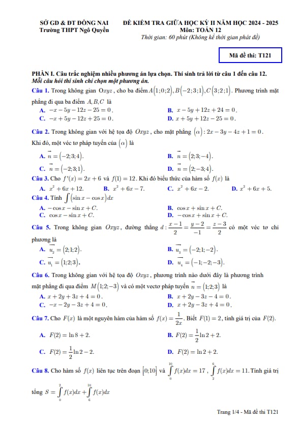 đề giữa học kỳ 2 toán 12 năm 2024 – 2025 trường thpt ngô quyền – đồng nai