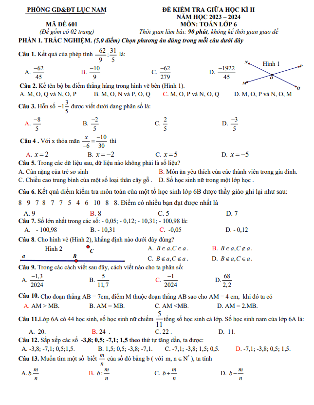 đề giữa học kỳ 2 toán 6 năm 2023 – 2024 phòng gd&đt lục nam – bắc giang