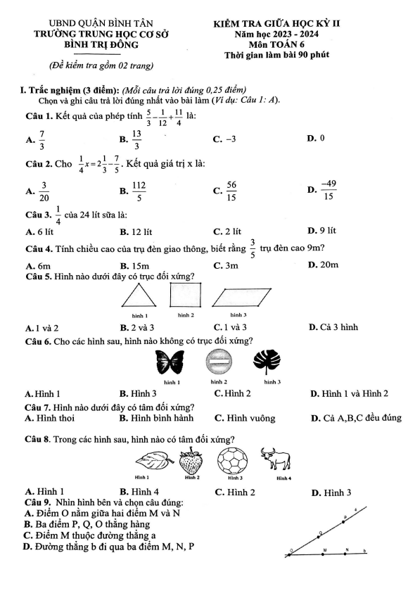 đề giữa học kỳ 2 toán 6 năm 2023 – 2024 trường thcs bình trị đông – tp hcm