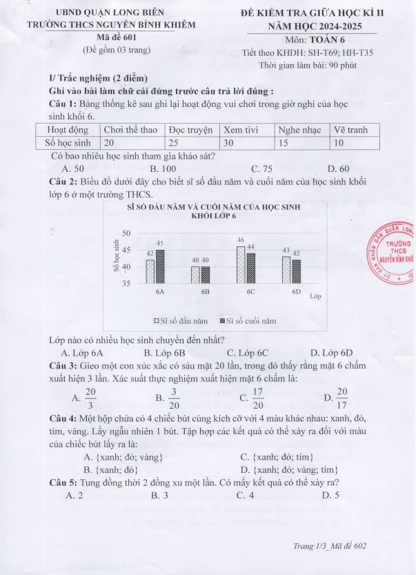 đề giữa học kỳ 2 toán 6 năm 2024 – 2025 trường thcs nguyễn bỉnh khiêm – hà nội