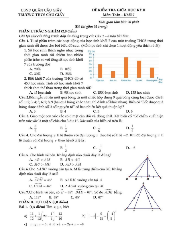 đề giữa học kỳ 2 toán 7 năm 2024 – 2025 trường thcs cầu giấy – hà nội