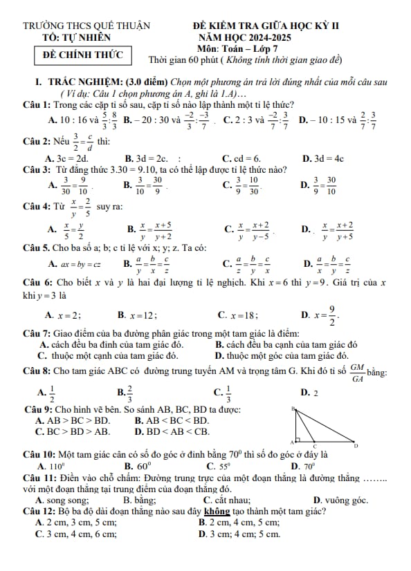 đề giữa học kỳ 2 toán 7 năm 2024 – 2025 trường thcs quế thuận – quảng nam