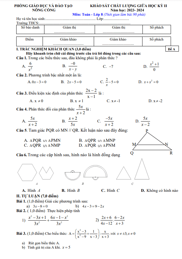 đề giữa học kỳ 2 toán 8 năm 2023 – 2024 phòng gd&đt nông cống – thanh hóa