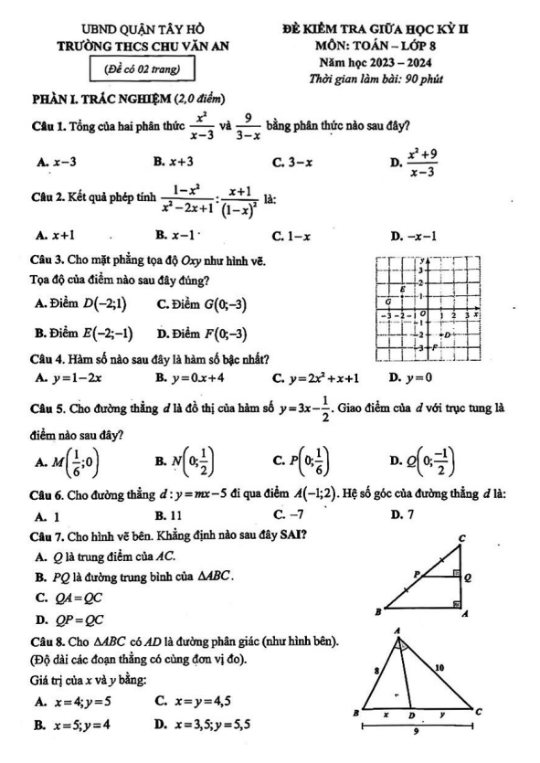 đề giữa học kỳ 2 toán 8 năm 2023 – 2024 trường thcs chu văn an – hà nội