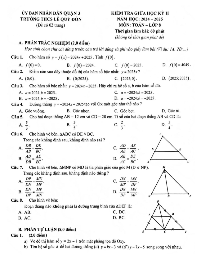 đề giữa học kỳ 2 toán 8 năm 2024 – 2025 trường thcs lê quý đôn – tp hcm