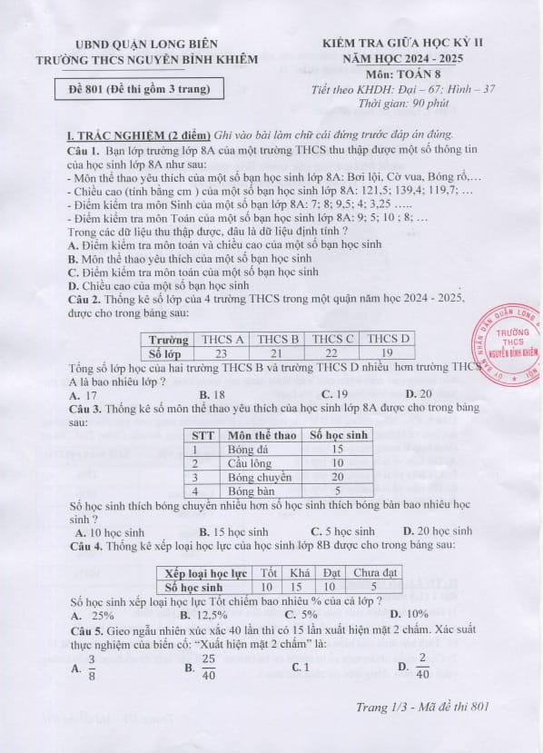 đề giữa học kỳ 2 toán 8 năm 2024 – 2025 trường thcs nguyễn bỉnh khiêm – hà nội