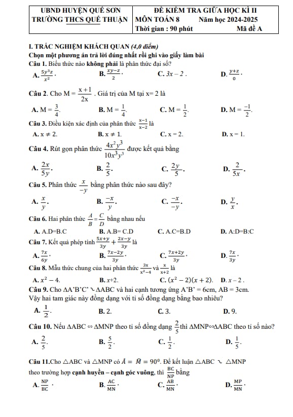 đề giữa học kỳ 2 toán 8 năm 2024 – 2025 trường thcs quế thuận – quảng nam