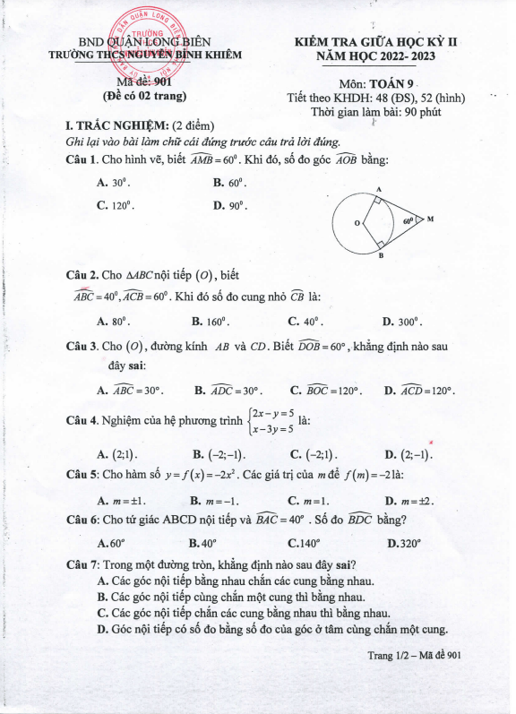 đề giữa học kỳ 2 toán 9 năm 2022 – 2023 trường thcs nguyễn bỉnh khiêm – hà nội