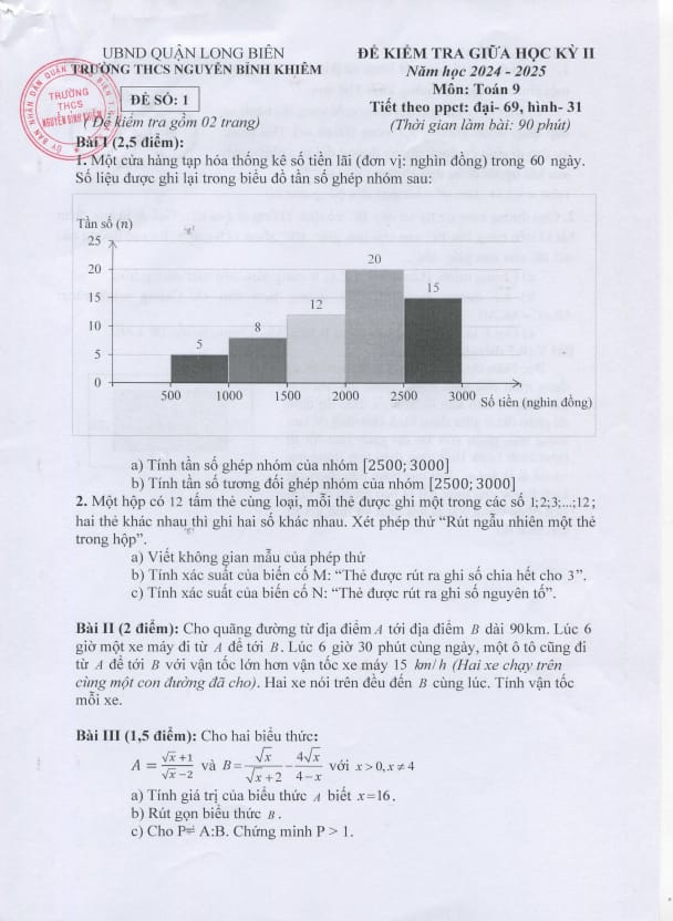 đề giữa học kỳ 2 toán 9 năm 2024 – 2025 trường thcs nguyễn bỉnh khiêm – hà nội