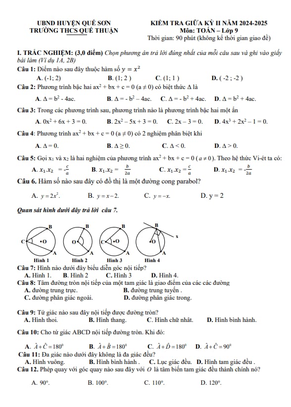 đề giữa học kỳ 2 toán 9 năm 2024 – 2025 trường thcs quế thuận – quảng nam
