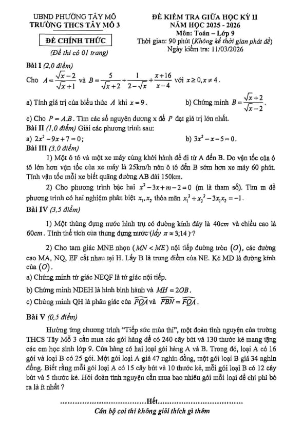 đề giữa học kỳ 2 toán 9 năm 2025 – 2026 trường thcs tây mỗ 3 – hà nội