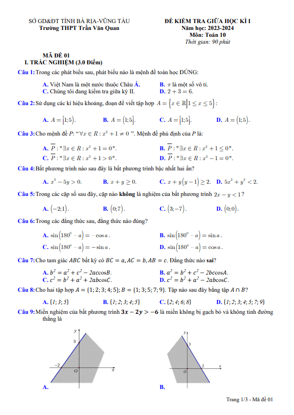 đề giữa kì 1 toán 10 năm 2023 – 2024 trường thpt trần văn quan – br vt