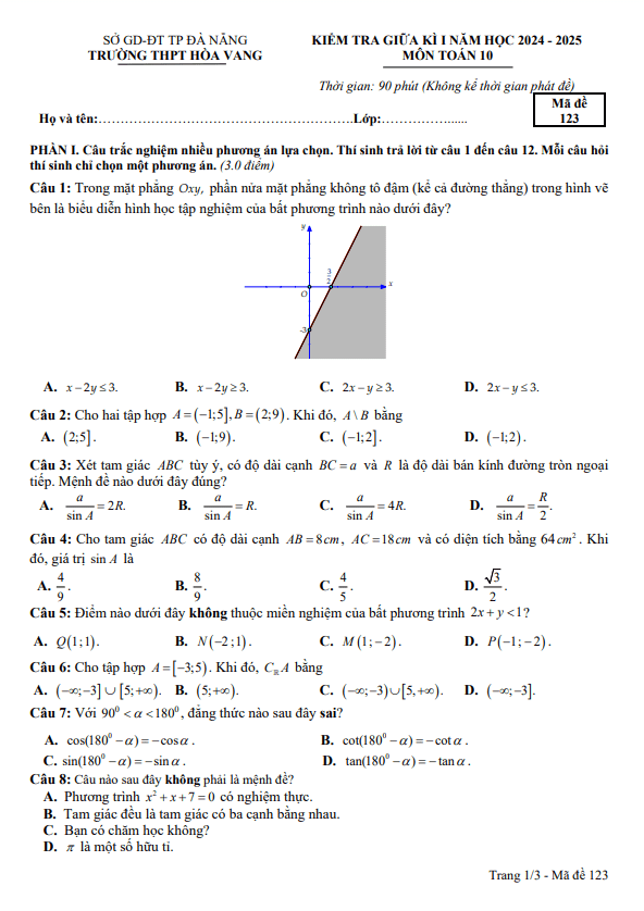 đề giữa kì 1 toán 10 năm 2024 – 2025 trường thpt hòa vang – đà nẵng