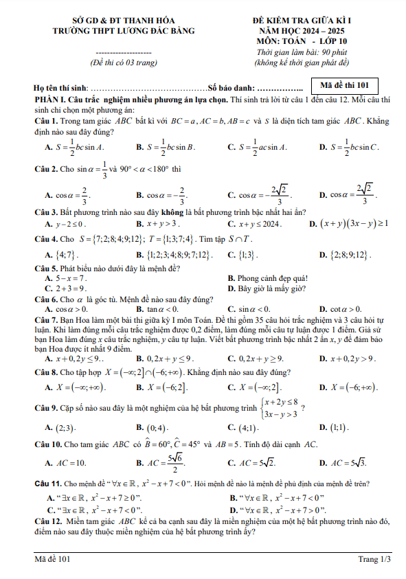 đề giữa kì 1 toán 10 năm 2024 – 2025 trường thpt lương đắc bằng – thanh hóa
