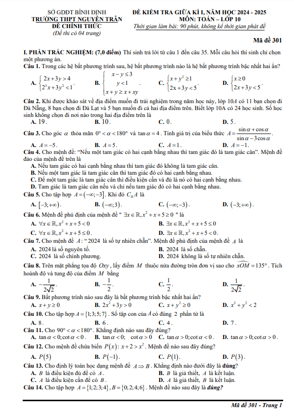 đề giữa kì 1 toán 10 năm 2024 – 2025 trường thpt nguyễn trân – bình định