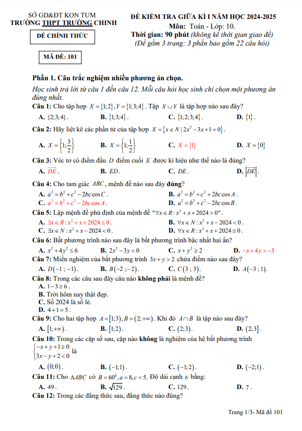 đề giữa kì 1 toán 10 năm 2024 – 2025 trường thpt trường chinh – kon tum