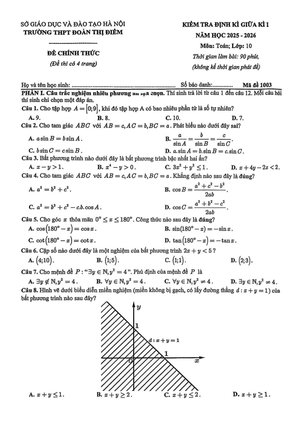 đề giữa kì 1 toán 10 năm 2025 – 2026 trường thpt đoàn thị điểm – hà nội