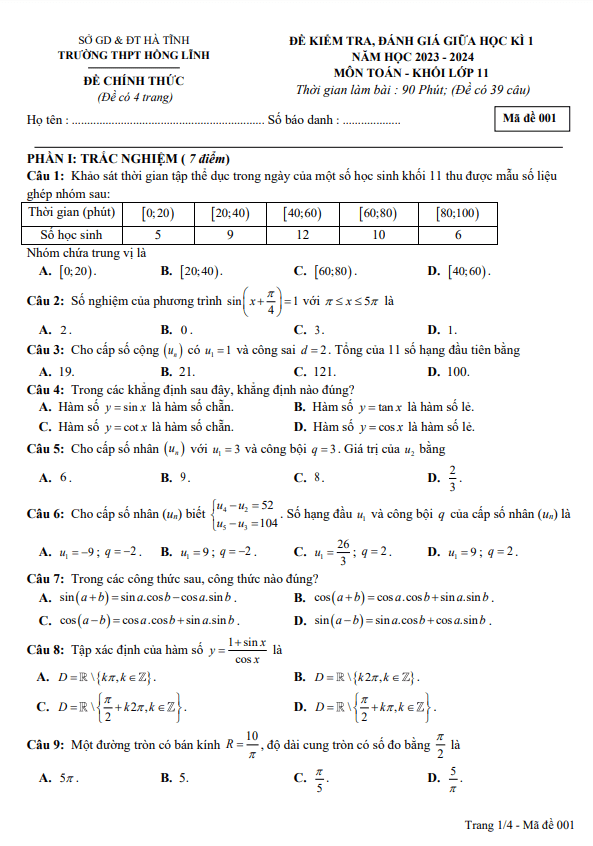 đề giữa kì 1 toán 11 năm 2023 – 2024 trường thpt hồng lĩnh – hà tĩnh