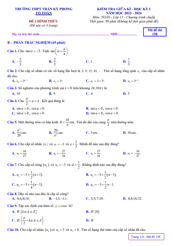 đề giữa kì 1 toán 11 năm 2023 – 2024 trường thpt trần kỳ phong – quảng ngãi