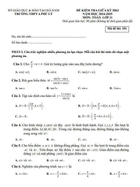 đề giữa kì 1 toán 11 năm 2024 – 2025 trường thpt a phủ lý – hà nam