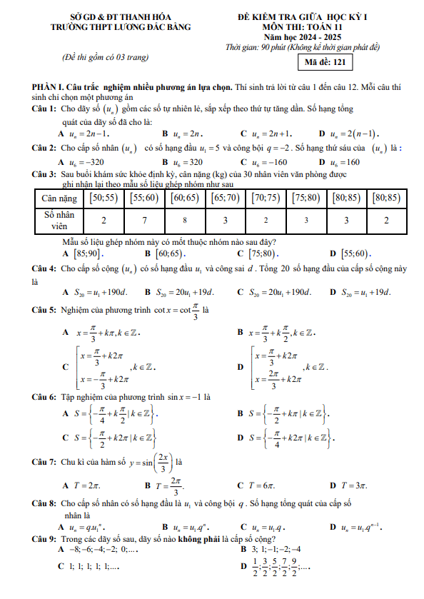 đề giữa kì 1 toán 11 năm 2024 – 2025 trường thpt lương đắc bằng – thanh hóa